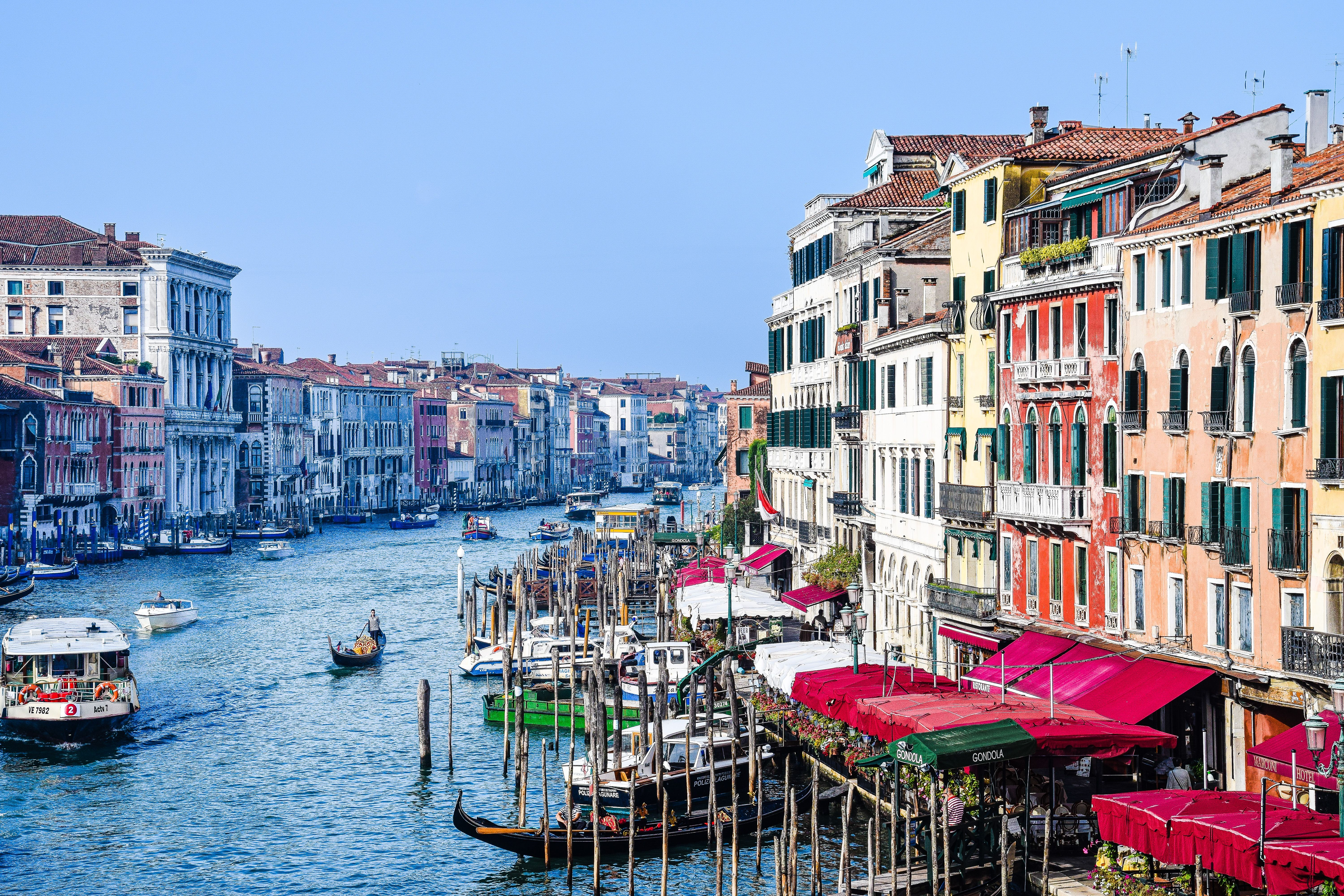 Colorful buildings and gondolas along the Grand Canal in Venice, Italy